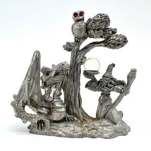 1987 Spoontiques Pewter Wizard Dragon Owl Figurine Crystal Ball